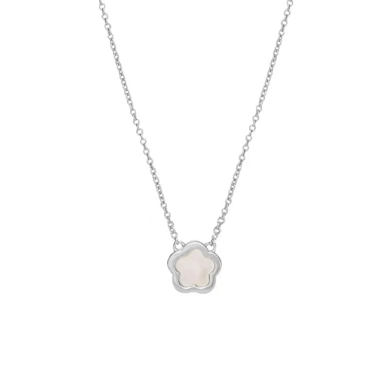 Mother of pearl shell flower necklace with gold or silver finish on O-shaped chain