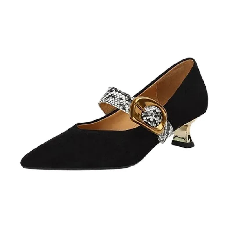 Women's black stiletto high heels with French pointed toe and buckle closure