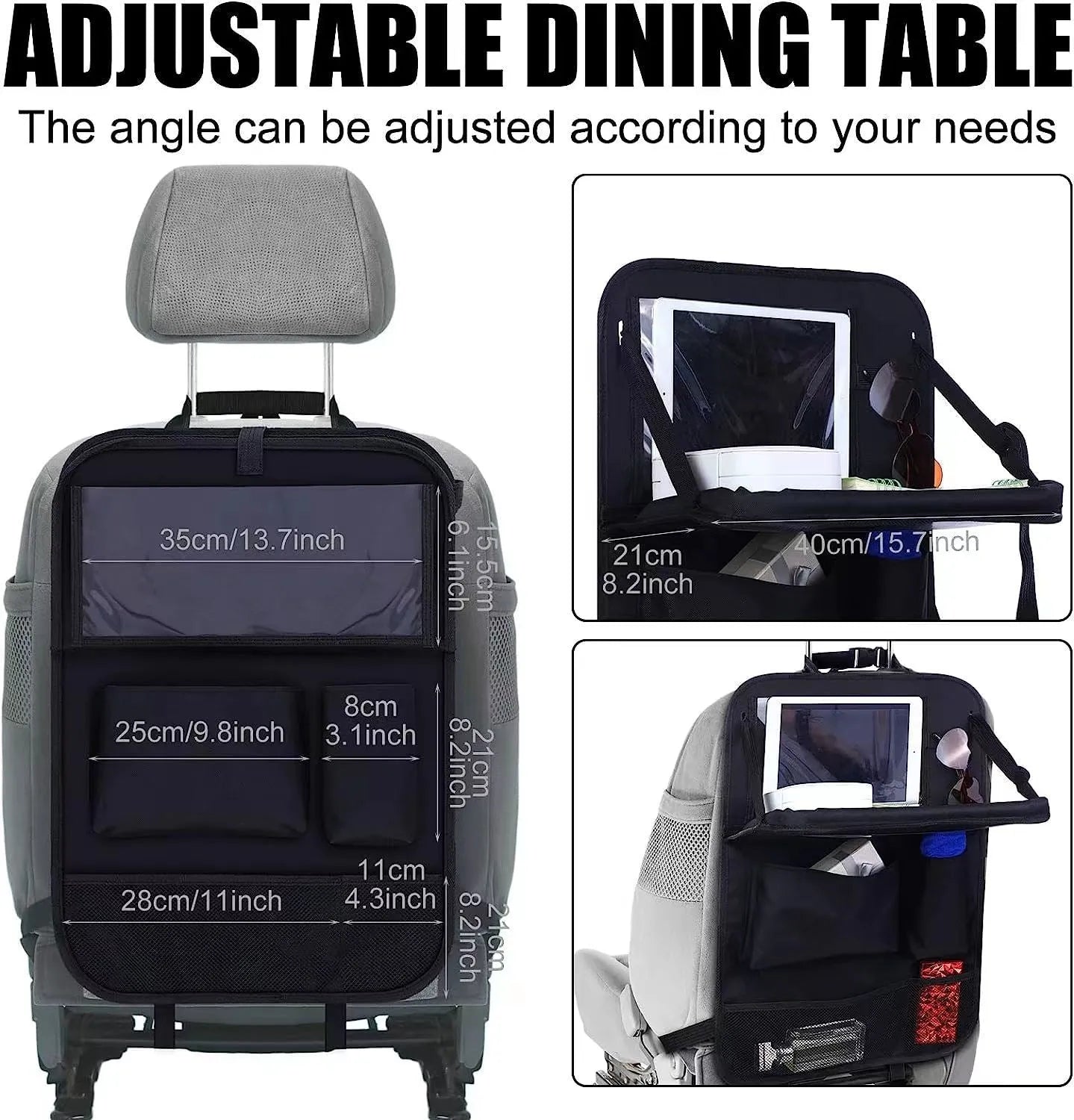 Black Oxford cloth car seat organiser bag hanging on a car seat, showing its storage pocket and hooks.