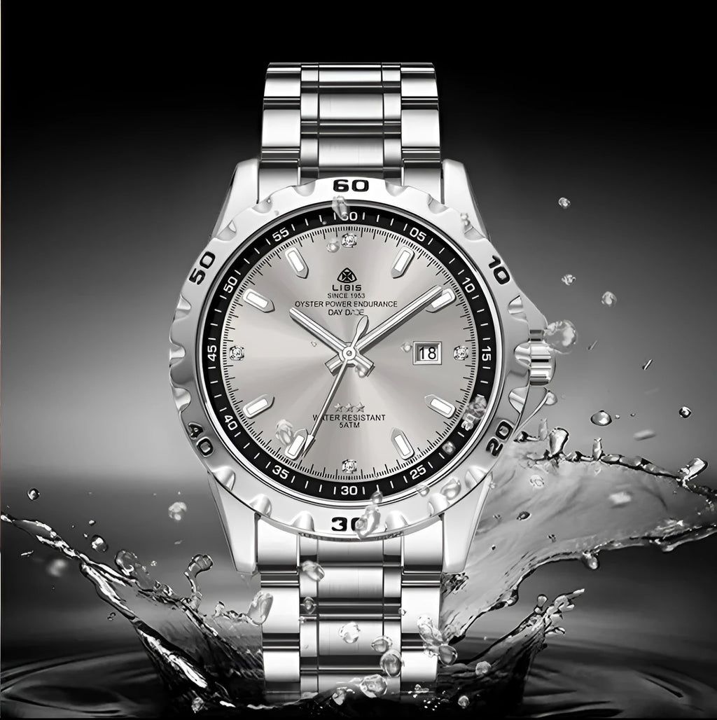 Men's silver case business watch with luminous hands, stainless steel strap, and sapphire glass