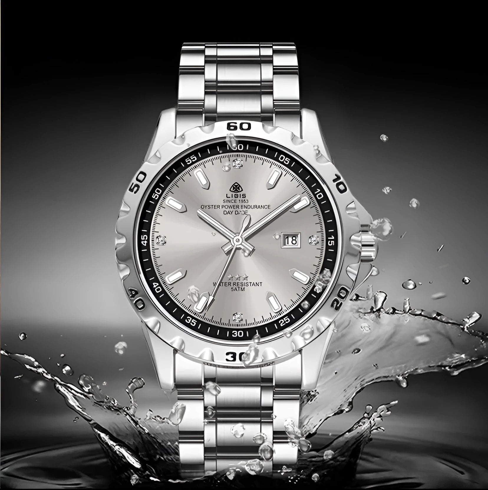 Men's silver case business watch with luminous hands, stainless steel strap, and sapphire glass