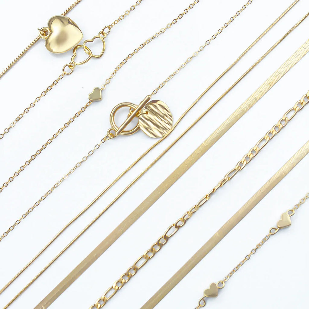 Gold colour women's necklace set with 10 alloy pendants on snake bone chain, adjustable 21-50cm