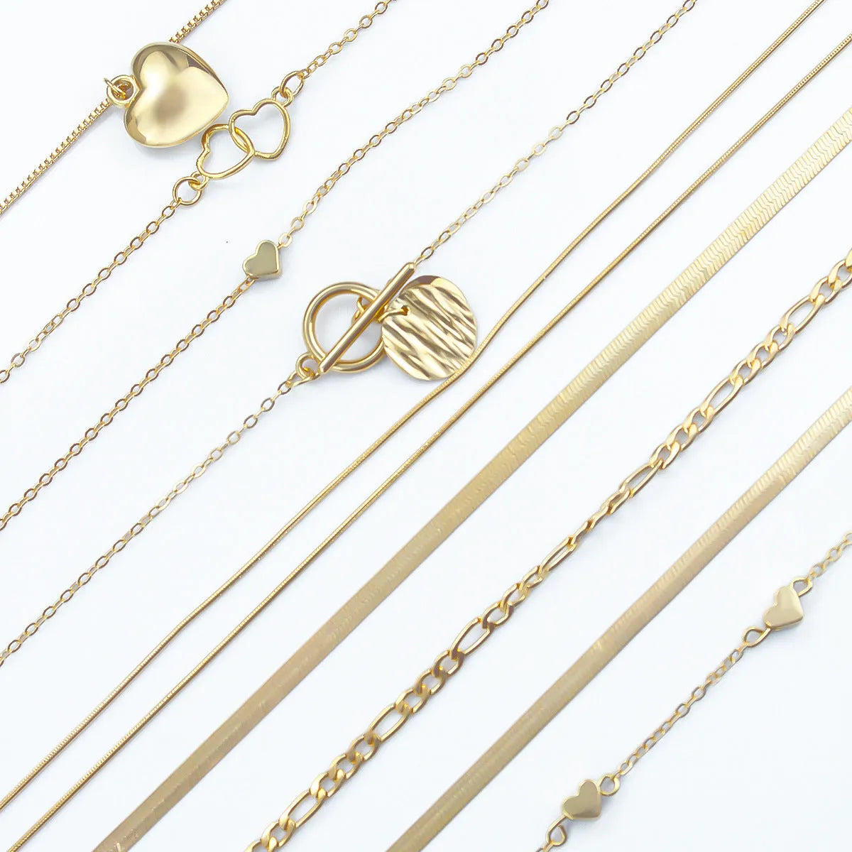 Gold colour women's necklace set with 10 alloy pendants on snake bone chain, adjustable 21-50cm