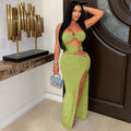 Women's solid colour high slit hip dress with hollow-out eyelet stitching, available in apricot