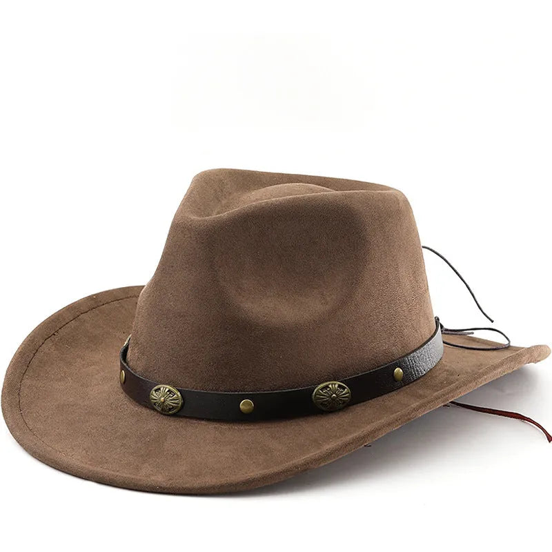 Brown leather velvet western cowboy hat with a curved brim and conical crown on a neutral background.