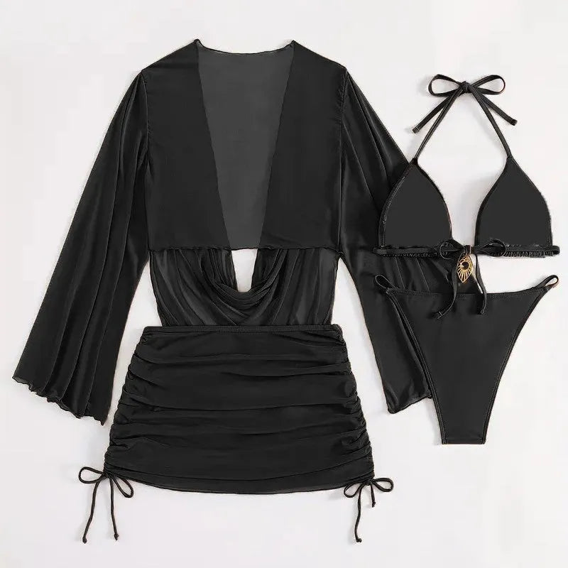 Dark brown lace-up backless women's bikini swimsuit set on a mannequin.