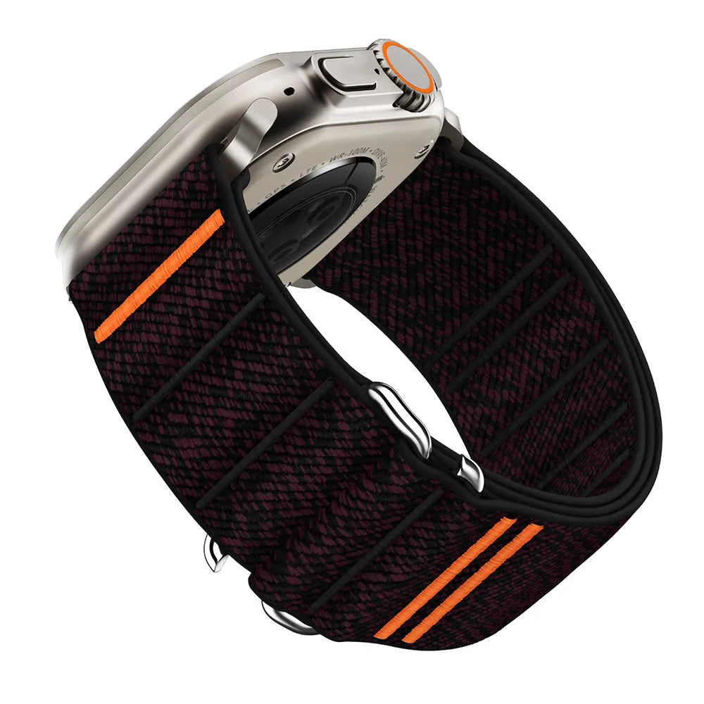 Elastic nylon Apple Watch band with stainless steel buckle shown in multiple colour options
