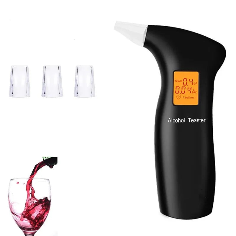 Portable orange light breath alcohol tester with manual and four replaceable mouthpieces.