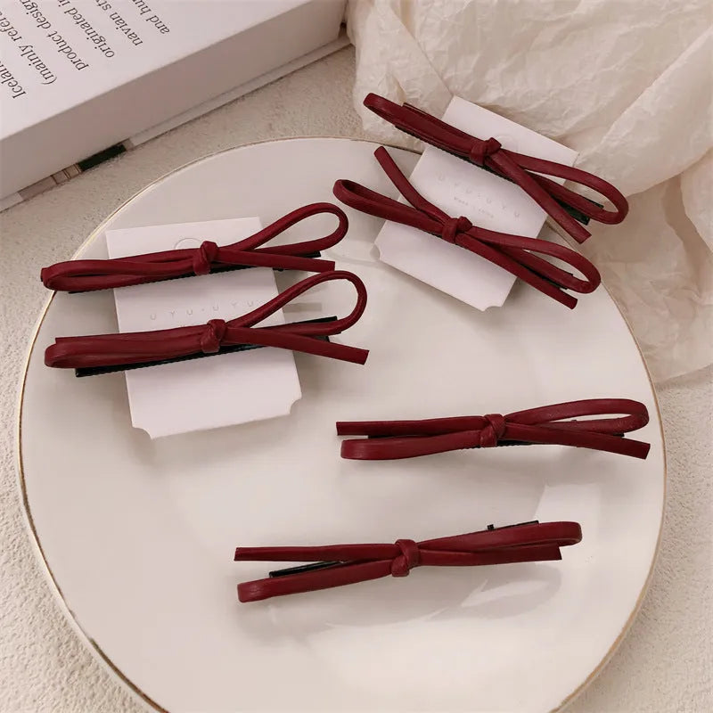 Wine red leather bow barrettes hair clips for women, single and pair options