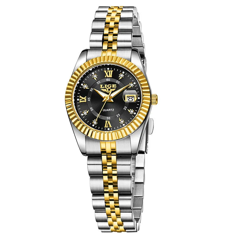 Women's waterproof quartz fashion watch with 10mm thickness in gold, silver, and metallic colour variations