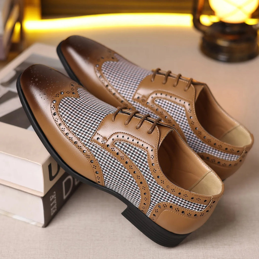 Men's houndstooth plaid casual shoes with square toe and lace-up design in black.