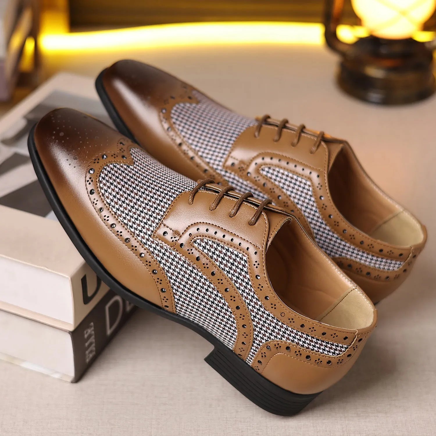 Men's houndstooth plaid casual shoes with square toe and lace-up design in black.