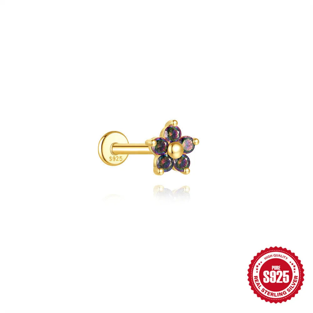 S925 sterling silver flat head thread piercing earring with rainbow stone on geometric setting.