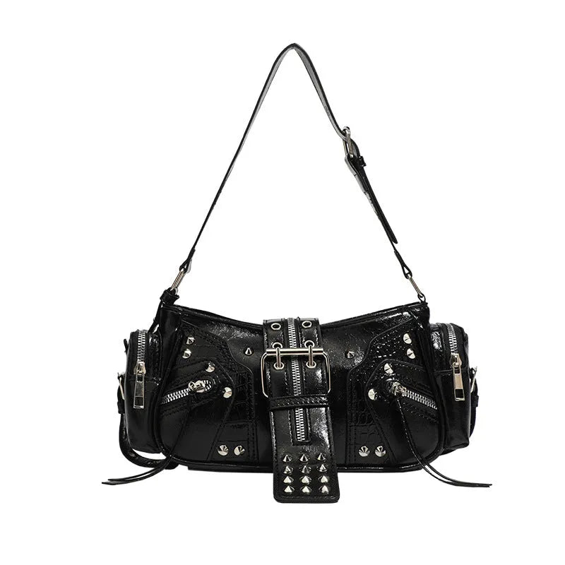 Black retro oil wax leather shoulder bag with dumpling shape and internal organisation pockets