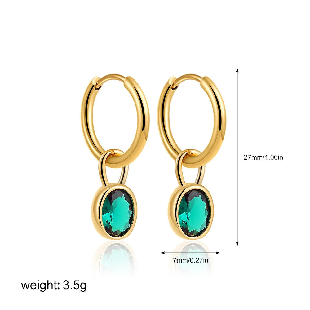 Women's oval zircon earrings in six colours with copper alloy setting and retro styling