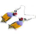 A pair of blue titmouse design pendant earrings made from printed acrylic on a geometric shape.
