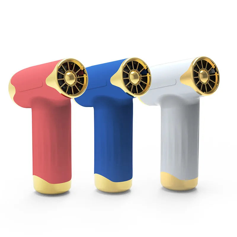 Blue handheld portable fan with brushless turbofan motor showing compact 8.2 x 3.2 x 13.3 cm dimensions