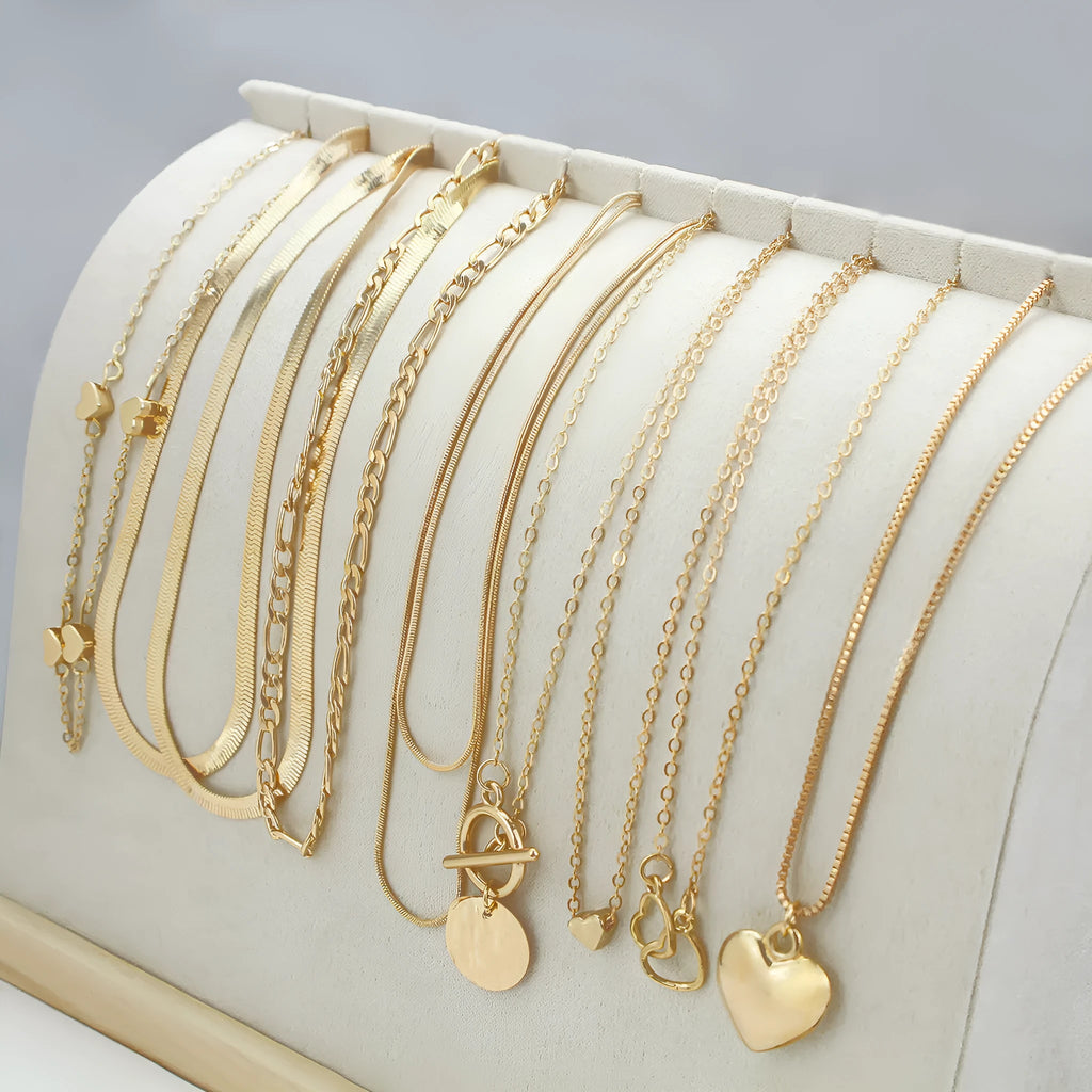 Gold colour women's necklace set with 10 alloy pendants on snake bone chain, adjustable 21-50cm