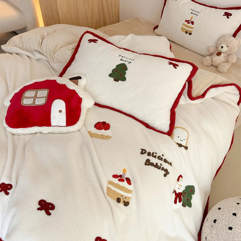 Cartoon winter Christmas bedding four-piece set with Xuefu Milk Pastry pattern, showing duvet cover, sheet, and pillowcases made from polyester.