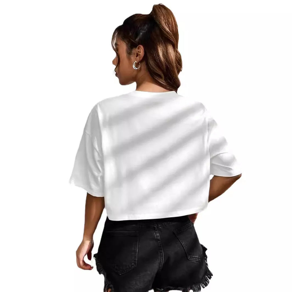 Personalised English letters cotton summer t-shirt with exposed navel design in black or white colours
