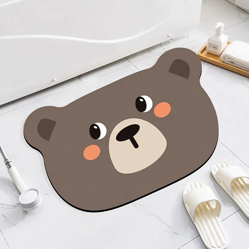 Cartoon animal diatomaceous earth absorbent non-slip bathroom mat in alien shape.