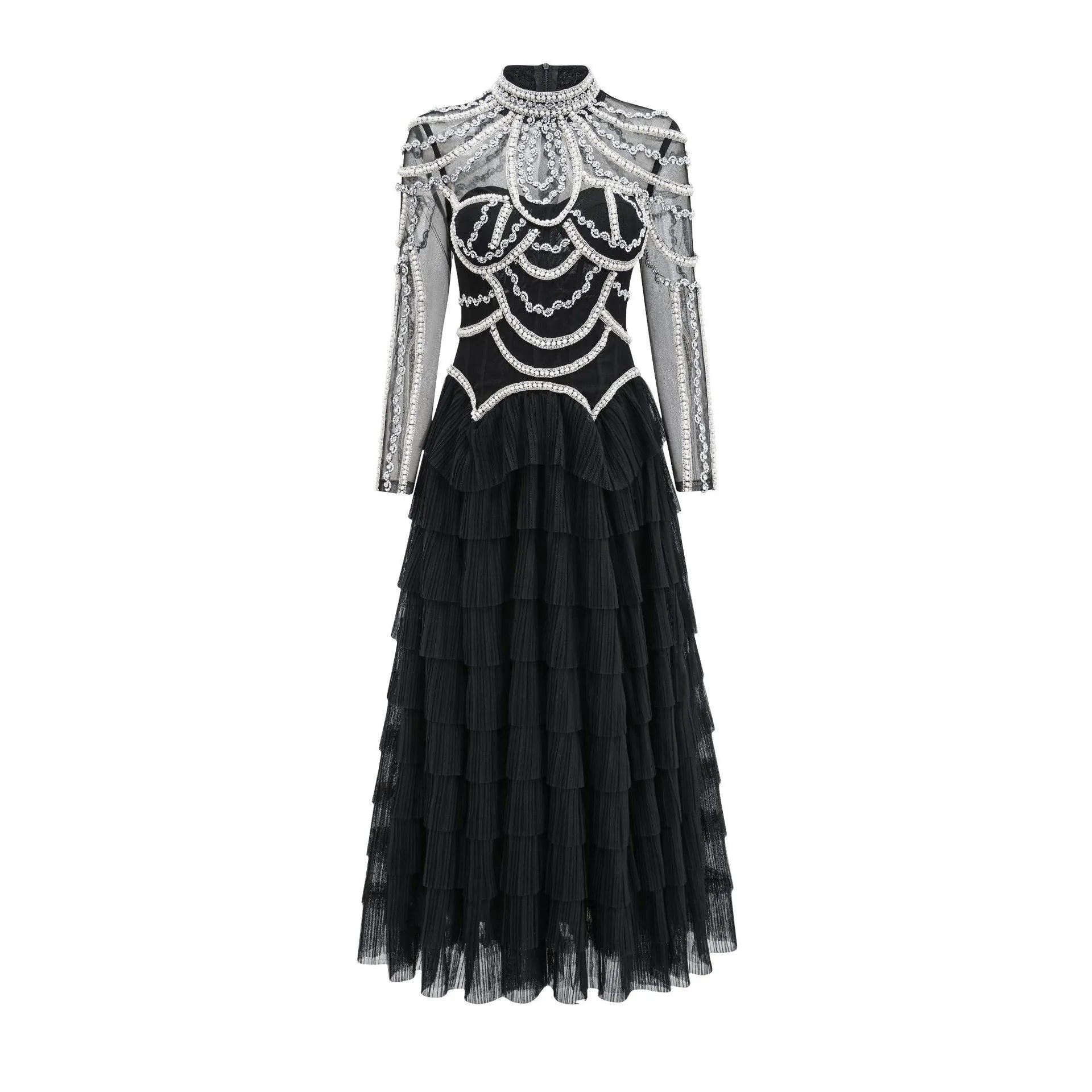 Women's black long sleeve dress with beaded embroidery and a mid waist design.