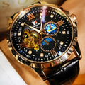 Men's black automatic skeleton watch with rose gold case and leather strap showing mechanical movement