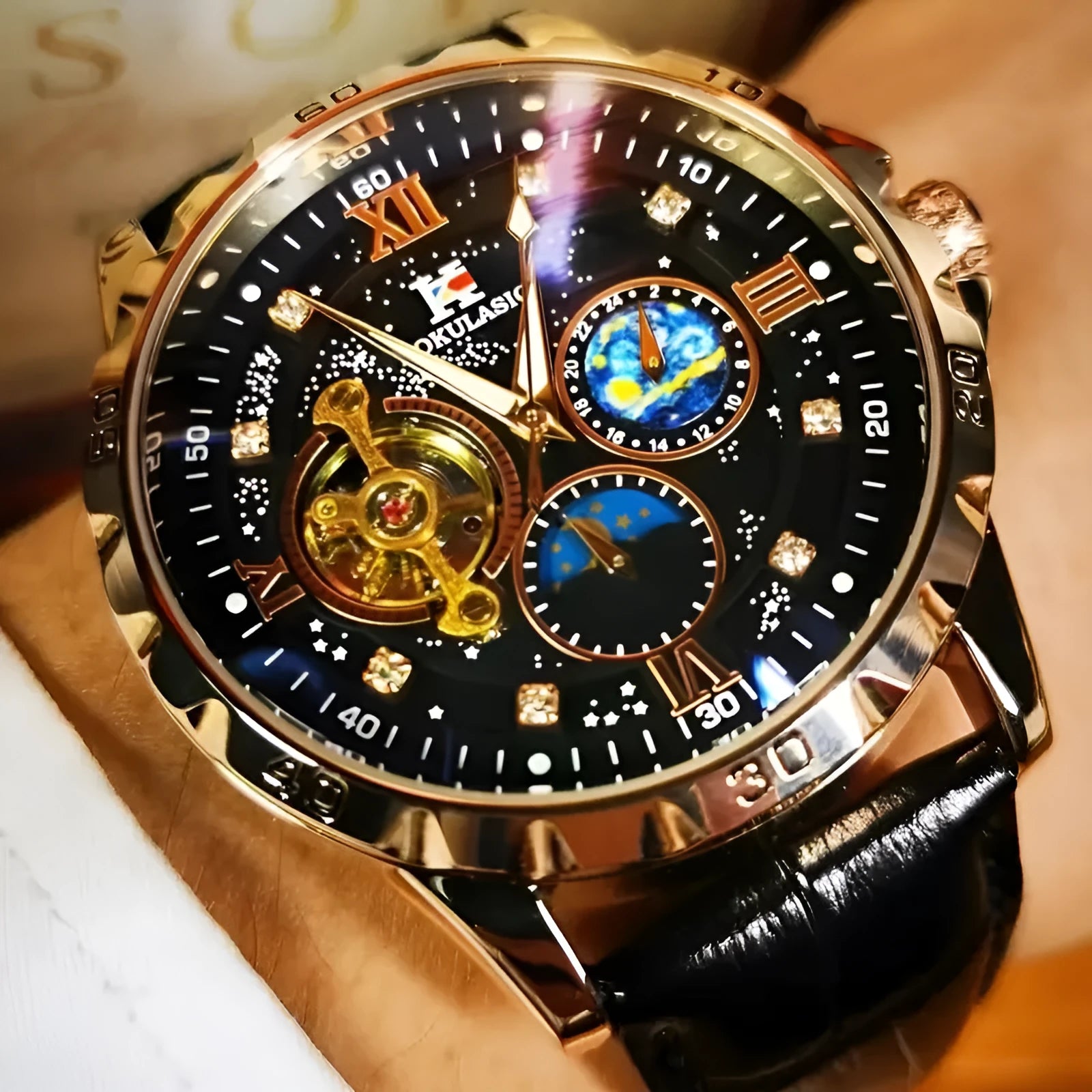 Men's black automatic skeleton watch with rose gold case and leather strap showing mechanical movement