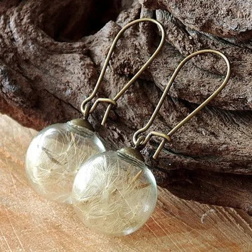 Transparent 16mm glass ball earrings with crystal dandelion seed design on silver French hooks