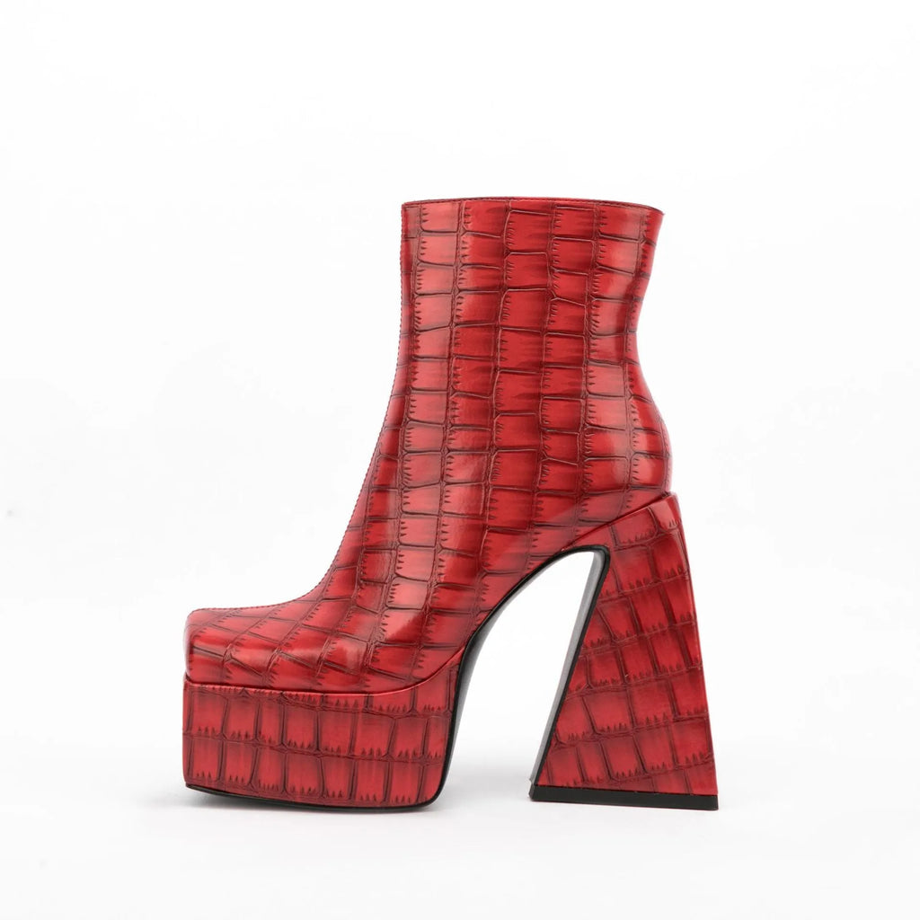 Women's ankle boot with high heel in solid colour options of red, green, black, beige, or brown