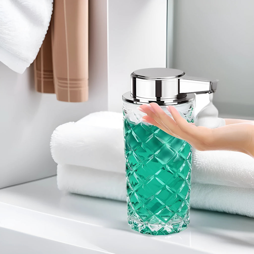 Automatic intelligent soap dispenser with silver-plated PET shell and Type-C charging port.
