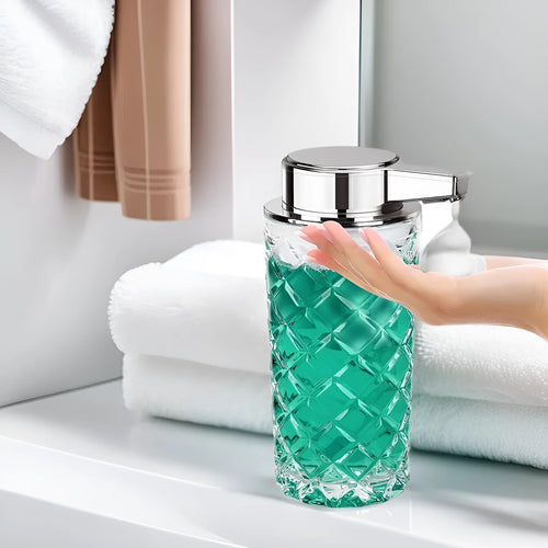 Automatic intelligent soap dispenser with silver-plated PET shell and Type-C charging port.