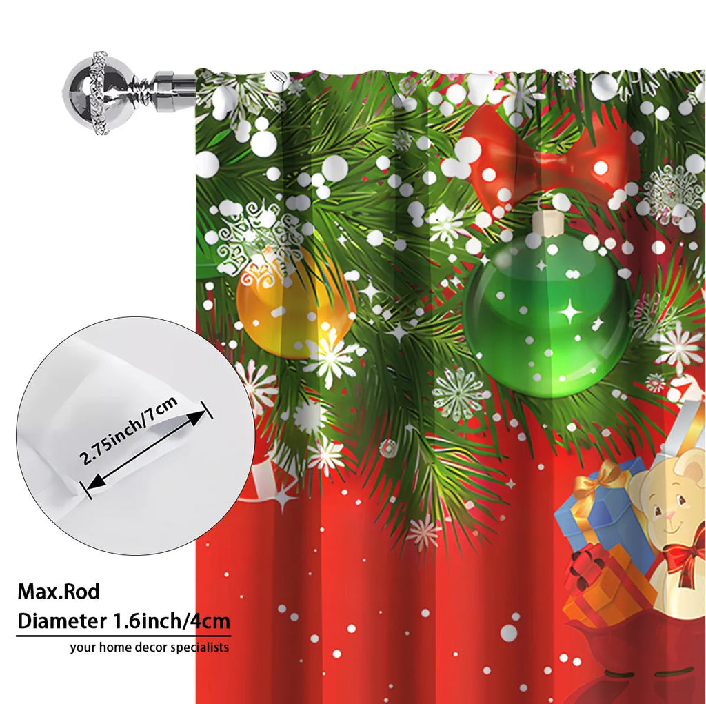 3D digitally printed Christmas curtain panel hanging on a window, showing festive pattern and polyester fabric texture.