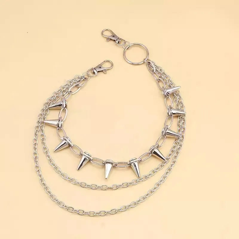 Silver metal double-layer pants chain with rivet detailing measuring 115cm length