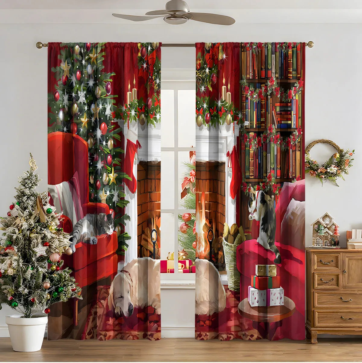 3D digitally printed Christmas curtain panel hanging on a window, showing festive pattern and polyester fabric texture.