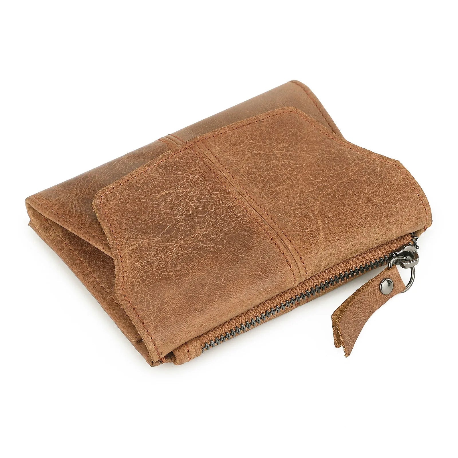 Cowhide leather coin purse in retro style with stitching and lock details