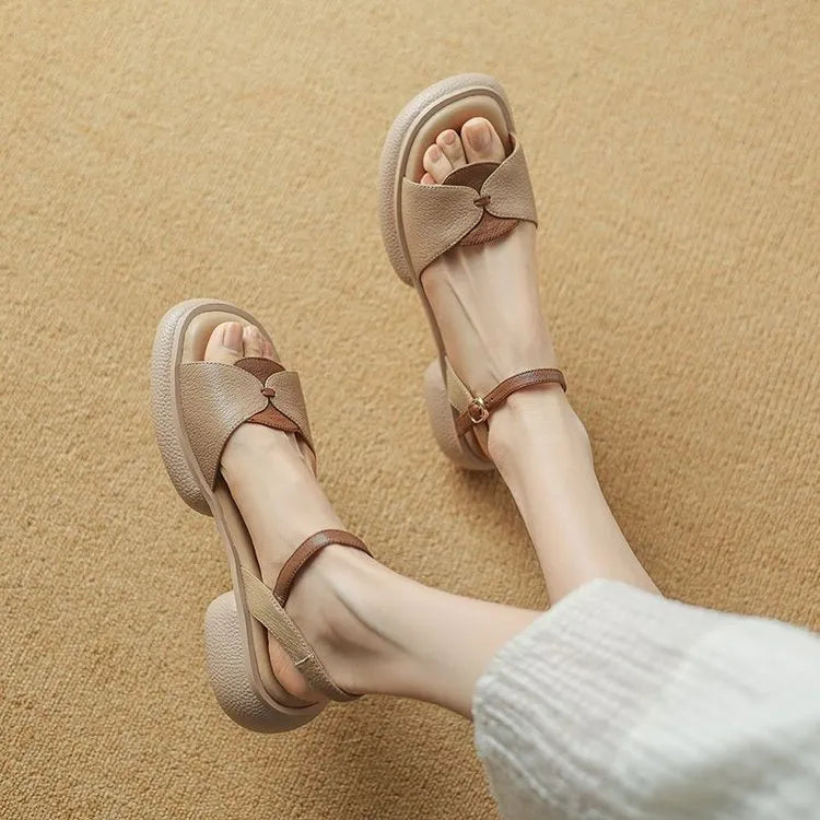 Women's chunky heel platform sandals with open toe in renewable leather