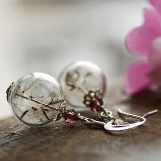 Transparent 16mm glass ball earrings with crystal dandelion seed design on silver French hooks