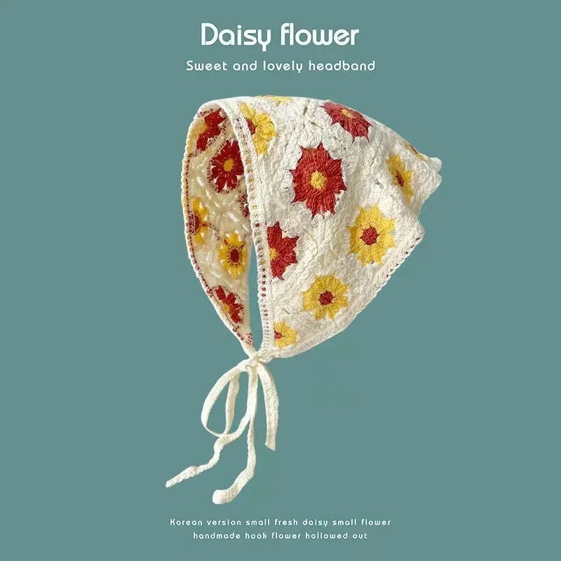 Women's cotton triangular headscarf with floral pattern, shown in beige blue little daisy design.