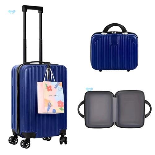 Aluminium alloy luggage and mini box travel set showing 14-inch and 20-inch matching trunks.