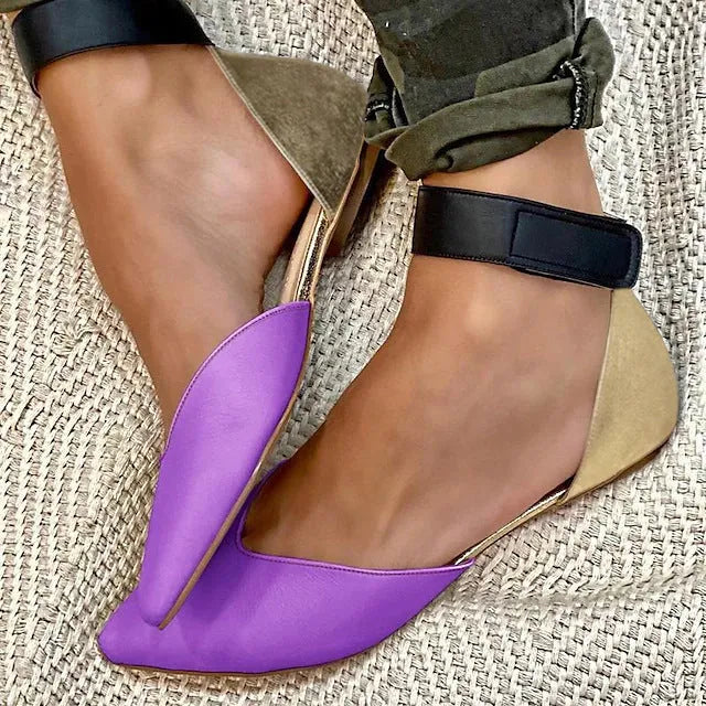 Women's flat heel sandals with hollowed design and Velcro strap in beige PU.