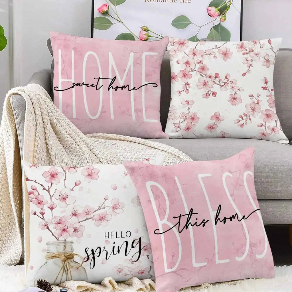 Short velvet cushion cover with cherry blossom and letter print in 45cm square size.