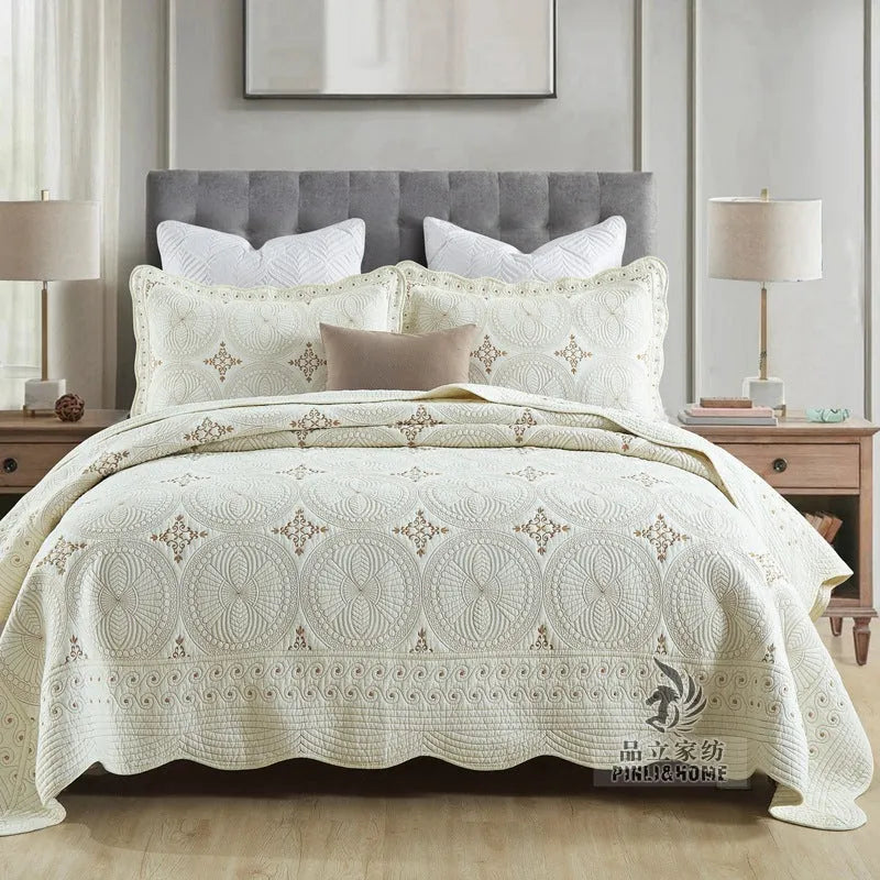 European-style cotton embroidered bedspread and pillowcase set on a 1.8 metre bed.