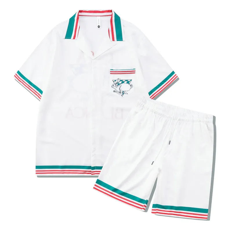 Printed plaid beach shirt and matching trousers set for casual wear.
