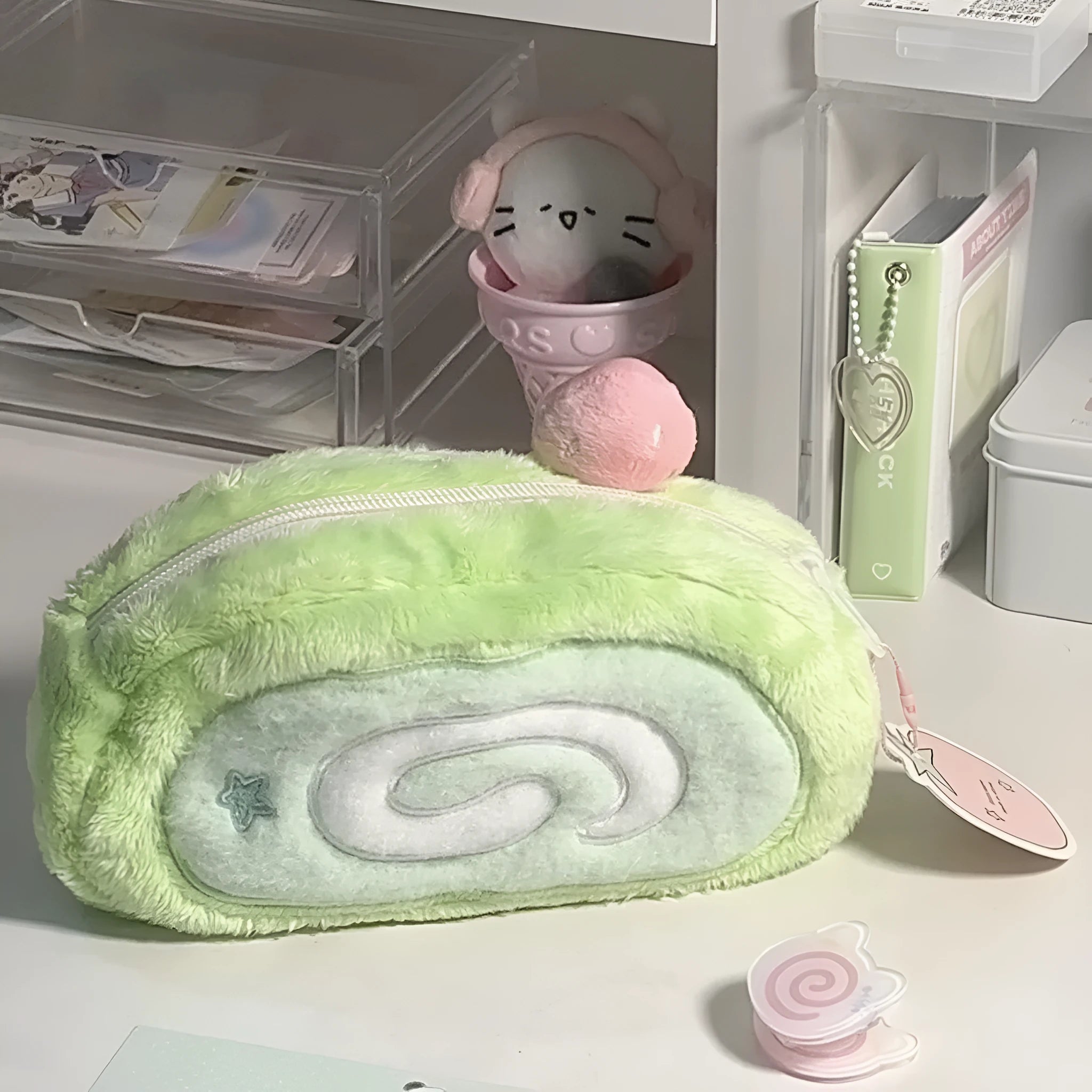 Velvet Swiss roll cake design pencil case in Korean style