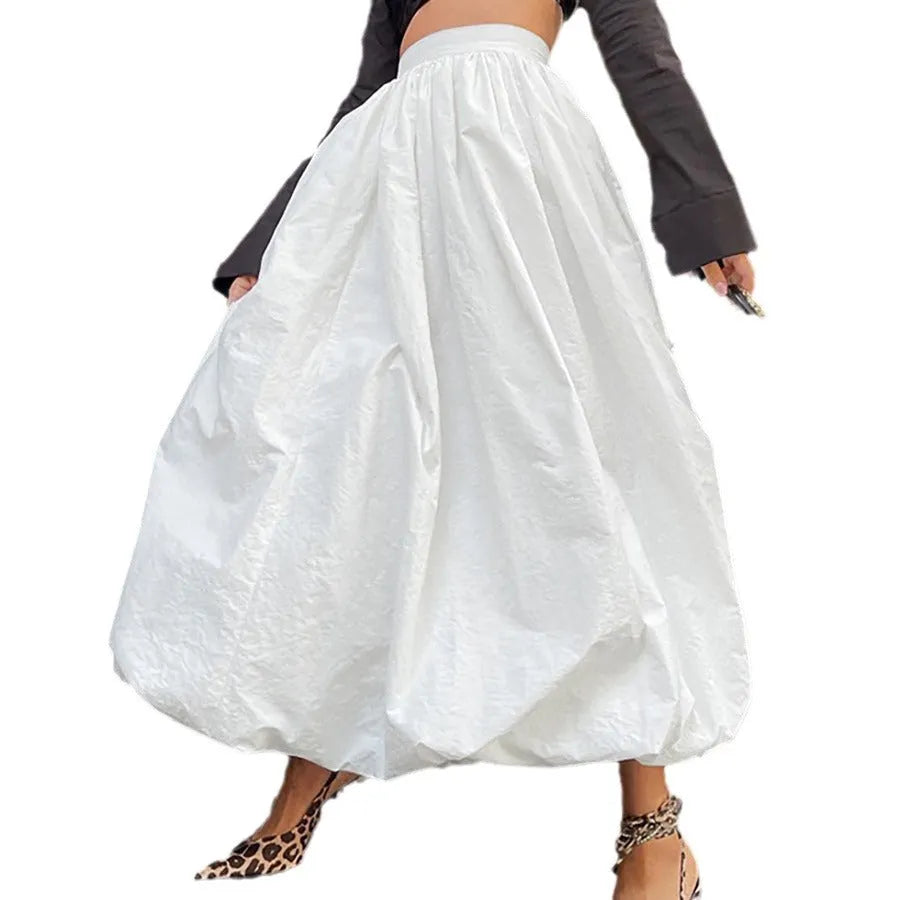Women's solid colour cotton long skirt in black or white with elastic waistband