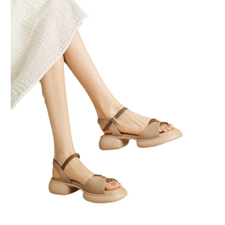 Women's chunky heel platform sandals with open toe in renewable leather
