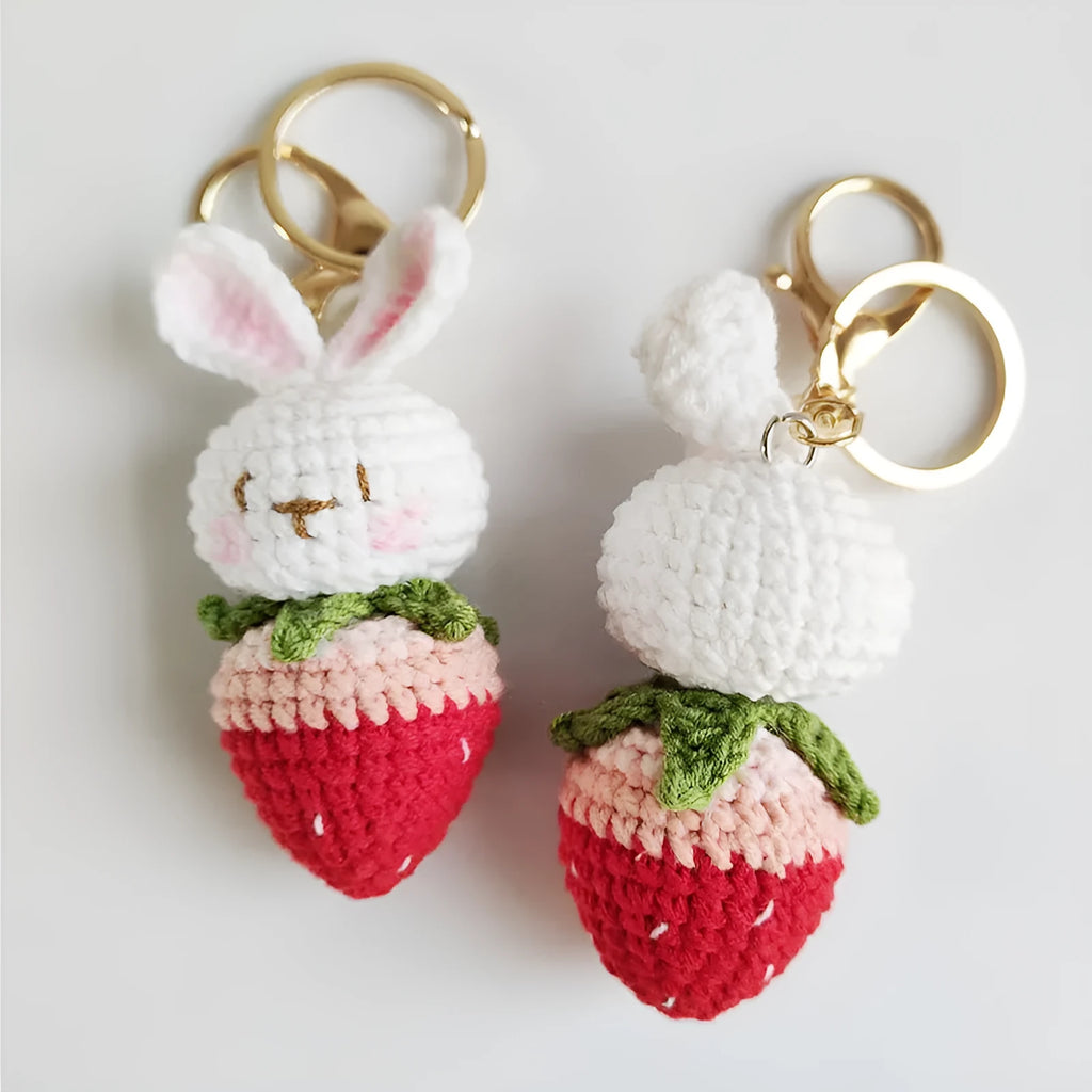 White hand-woven wire rabbit strawberry pendant charm with key ring