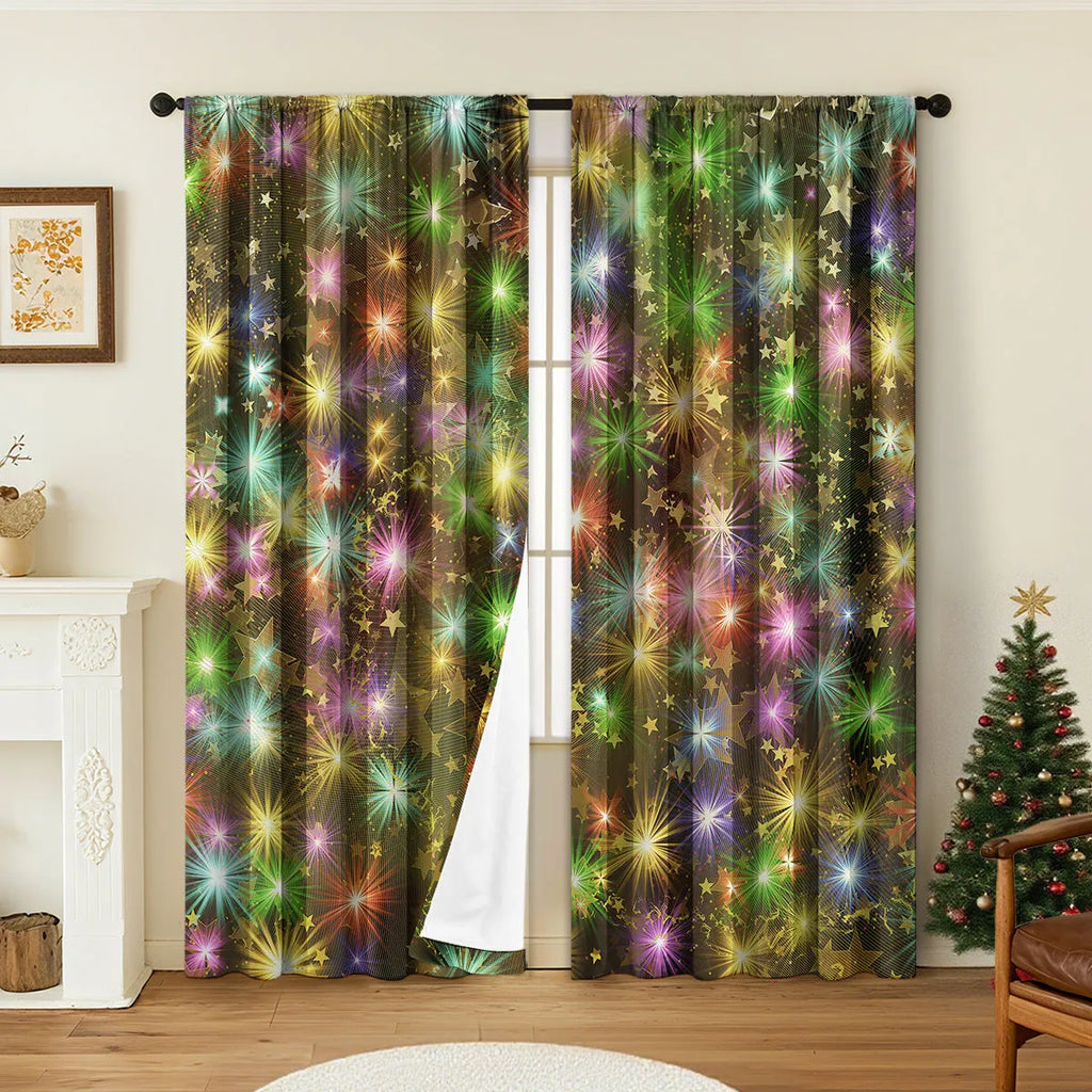 Pair of red and green 3D digitally printed Christmas themed polyester curtains hanging on a window.