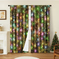 Pair of red and green 3D digitally printed Christmas themed polyester curtains hanging on a window.